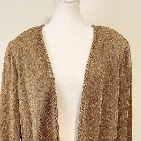 Alex Evenings Gold Shimmer Open Front Cardigan Jacket Plus Size 18 Beaded Trim - Picture 3 of 7